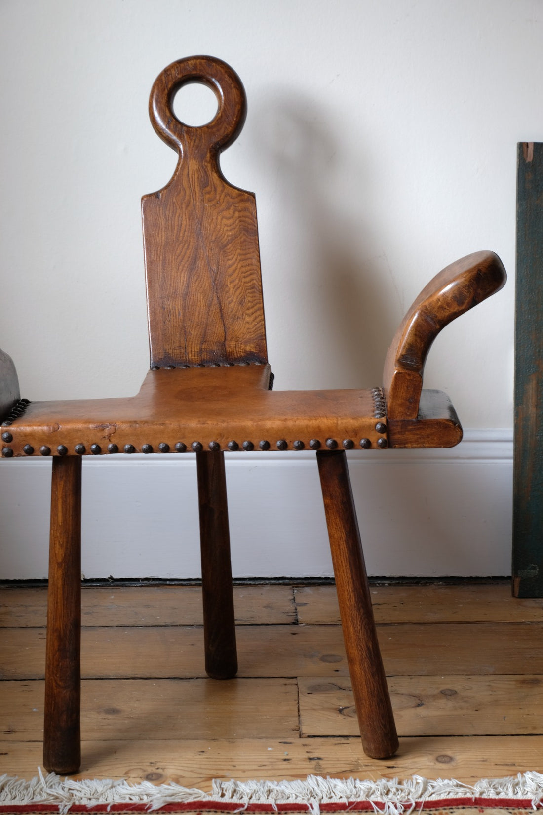 Front view 1950s Spanish Brutalist primitive elm leather chair front view