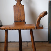 Front view 1950s Spanish Brutalist primitive elm leather chair front view