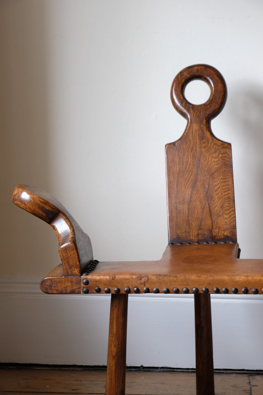 Front view 1950s Spanish Brutalist primitive elm leather chair front view