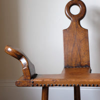 Front view 1950s Spanish Brutalist primitive elm leather chair front view