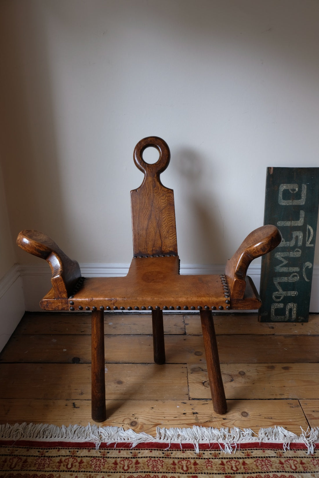 Front view 1950s Spanish Brutalist primitive elm leather chair front view