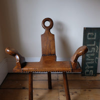 Front view 1950s Spanish Brutalist primitive elm leather chair front view