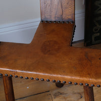 Detail of aged studded leather seat and patina - Spanish Brutalist Elm & Leather Chair