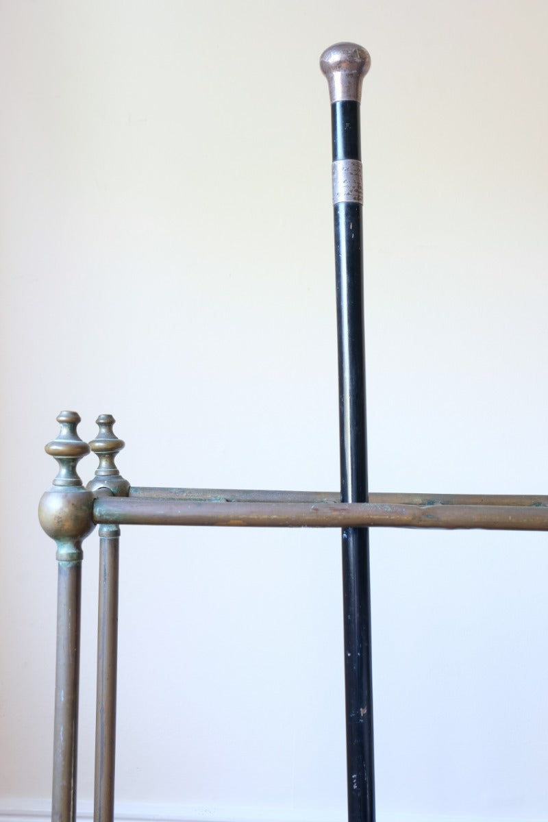ebonised walking stick with hallmarked silver top and engraved plaque
