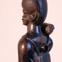 Close up of the back of the Mid century Kenyan/Tanzanian ebony figure dense black wood