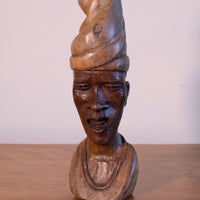 African Hand-Carved Wooden Bust Sculpture – Vintage Tribal Portrait Art (24.5cm)