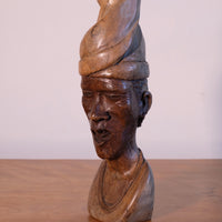 African Hand-Carved Wooden Bust Sculpture – Vintage Tribal Portrait Art (24.5cm)