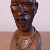 close up of a African Hand-Carved Wooden Bust Sculpture – Vintage Tribal Portrait Art (24.5cm)