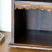 Edwardian carved oak bookcase with leather dust cover fringes
