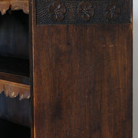 Edwardian carved oak bookcase with leather dust cover fringes