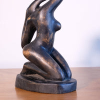 Mid century modernist carved wooden kneeling female nude sculpture with ebonised finish