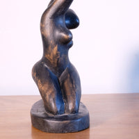 Mid century modernist carved wooden kneeling female nude sculpture with ebonised finish
