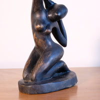 Mid century modernist carved wooden kneeling female nude sculpture with ebonised finish