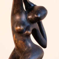 Mid century modernist carved wooden kneeling female nude sculpture with ebonised finish