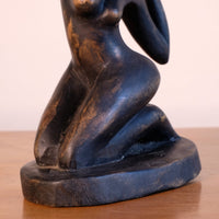 Mid century modernist carved wooden kneeling female nude sculpture with ebonised finish