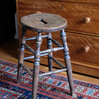 Antique Victorian Elm Stool With Oval Top And Turned Legs Circa 1860