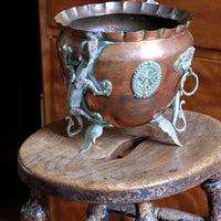 copper pot on Antique Victorian elm stool with oval top - Antique Victorian Elm Stool With Oval Top And Turned Legs Circa 1860