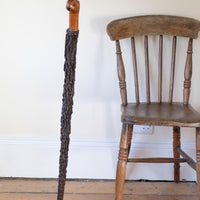 Antique Irish blackthorn walking stick with natural bark shaft and boxwood handle