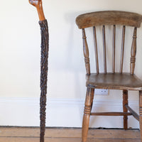 Antique Irish blackthorn walking stick with natural bark shaft and boxwood handle