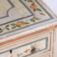close up painted top corner - Antique French Painted Commode with Central Deep Drawer, Circa 1800