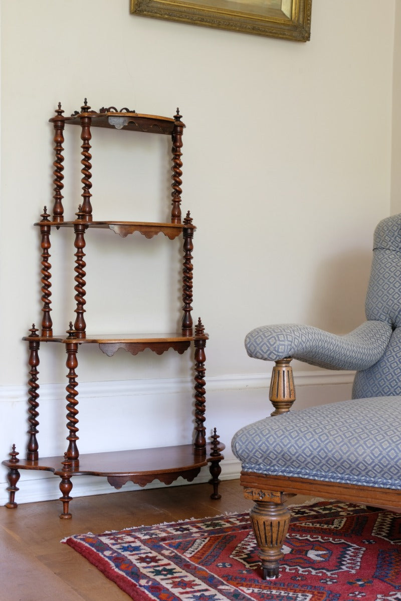 Walnut etagere waterfall shelves barley twist columns