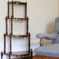 Walnut etagere waterfall shelves barley twist columns