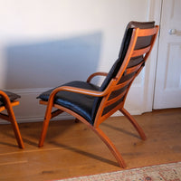 rear view -view - Pair of 1970s Danish Stouby bentwood leather lounge chairs with sculptural oak frame