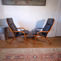 side view - Pair of 1970s Danish Stouby bentwood leather lounge chairs with sculptural oak frame