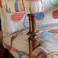 close up of the arm on an Afghan Suzani Kilim Upholstered 19th Century Country House Armchair