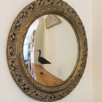19th Century Round Convex Giltwood Mirror with Pierced Foliate Frame