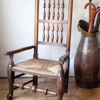 Antique Lancashire Oak Spindle Back Armchair with Rush Seat, 19th Century North Country Chair