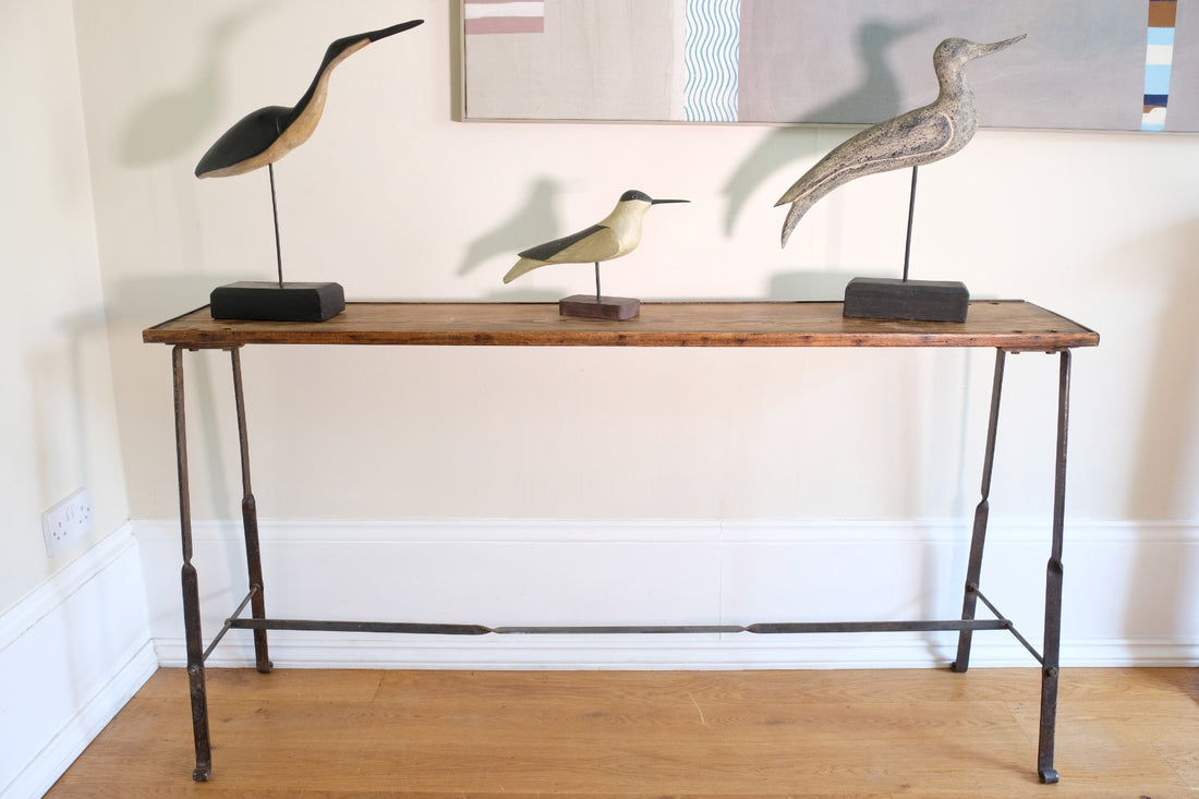 Contemporary wrought iron pine console table rustic industrial style