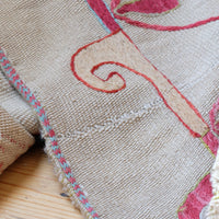 Close up edge detail on a Large Uzbek Suzani embroidered textile silk on cotton floral lattice design