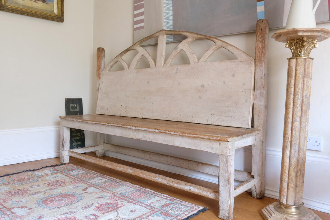 19th Century Gothic Painted Pine Hall Bench with Fretwork Detail