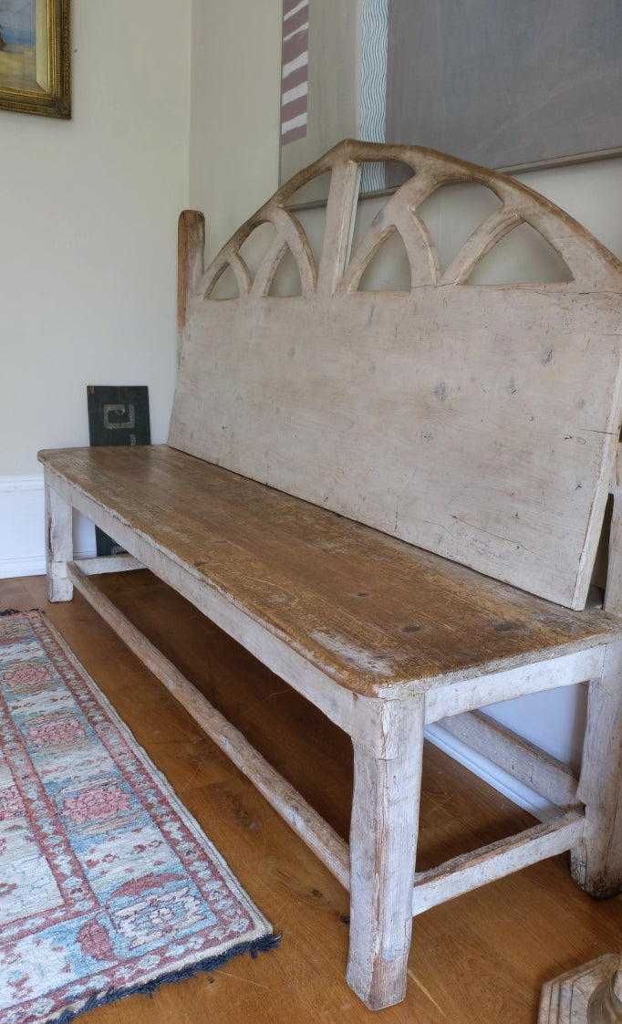 19th Century Gothic Painted Pine Hall Bench with Fretwork Detail