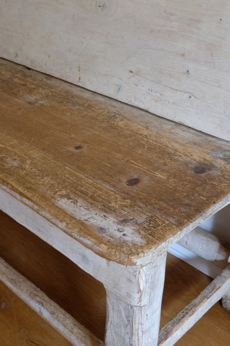 19th Century Gothic Painted Pine Hall Bench with Fretwork Detail