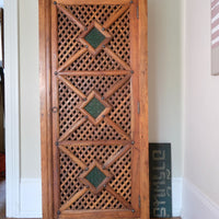Vintage Teak Linen Cupboard with Lattice Door & Green Stained Glass