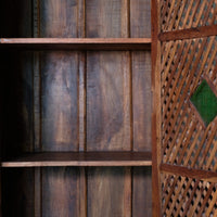 Inside - Vintage Teak Linen Cupboard with Lattice Door & Green Stained Glass
