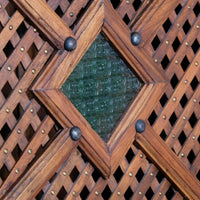 Vintage Linen Cupboard With Lattice Door With Stained Glass