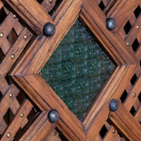Vintage Teak Linen Cupboard with Lattice Door & Green Stained Glass