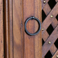 Ring handle on a Vintage Teak Linen Cupboard with Lattice Door & Green Stained Glass