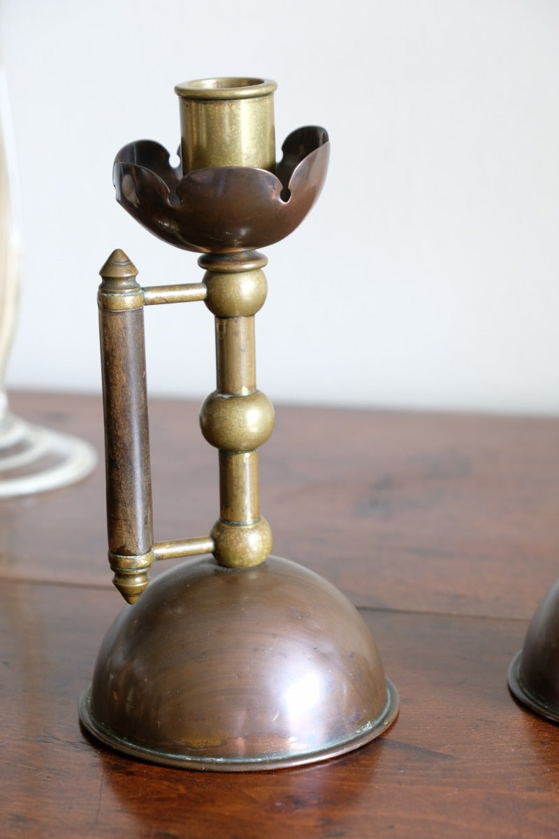 unpolished antique copper brass candlestick matching pair