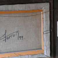 signed by the artist - close up - Abstract Triptych Oil On Canvas Fruit Painting by F Ferron – 20th Century Still Life Art