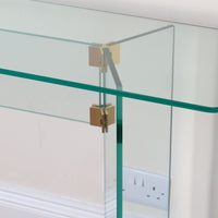 Top view - Modern glass hall table with sculptural metal V-shaped base in Leon Rosen style