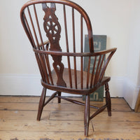 back view - Antique English Windsor armchair in elm with uneven seat and ash stick back