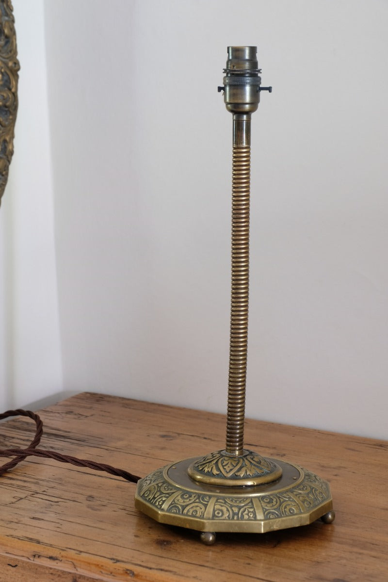 Arts & Crafts Brass Table Lamp with Flexible Stem, Hendecagon Base, c. 1900–1920