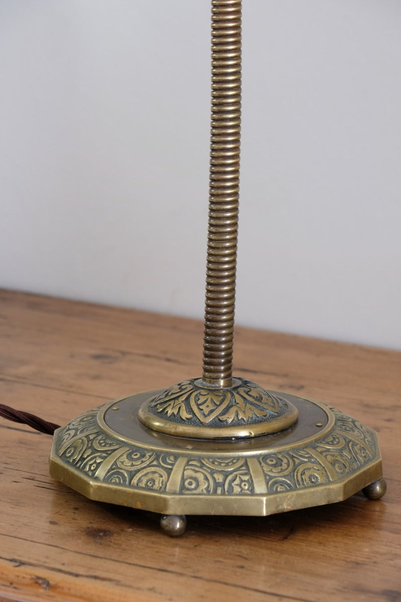 Arts & Crafts Brass Table Lamp with Flexible Stem, Hendecagon Base, c. 1900–1920