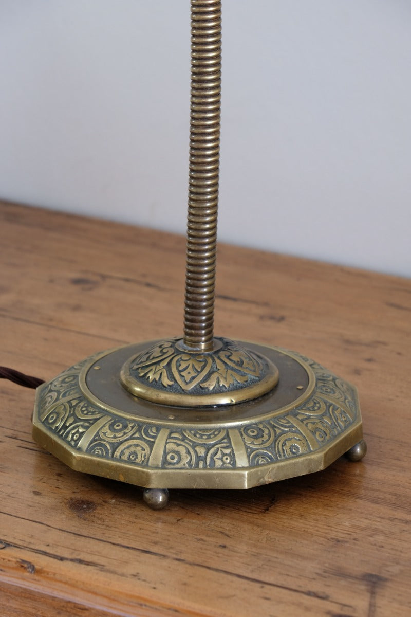 Arts & Crafts Brass Table Lamp with Flexible Stem, Hendecagon Base, c. 1900–1920