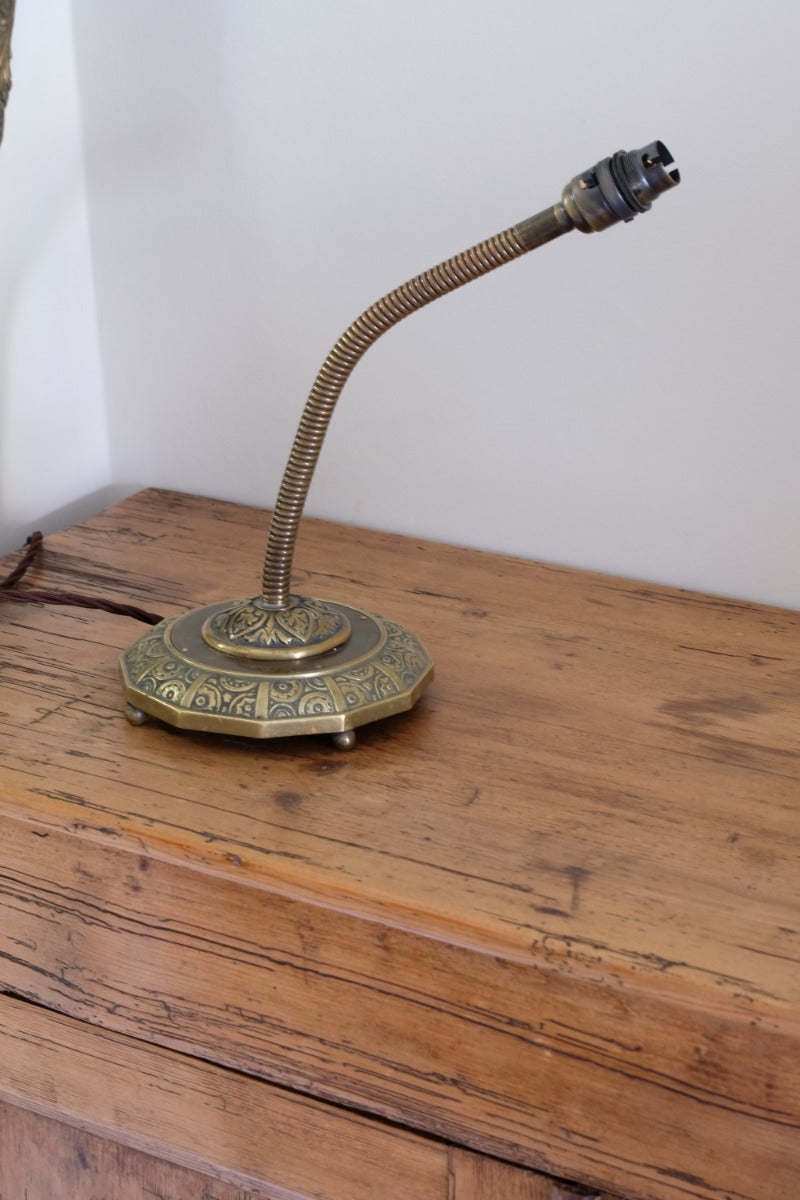 Arts & Crafts Brass Table Lamp with Flexible Stem, Hendecagon Base, c. 1900–1920