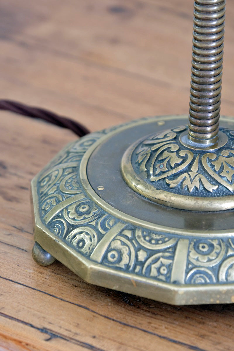 Arts & Crafts Brass Table Lamp with Flexible Stem, Hendecagon Base, c. 1900–1920